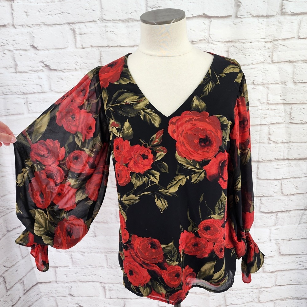MSK Whimsigoth Top Size Small Gothic Rose Balloon Sleeve Office Flowy Romantic